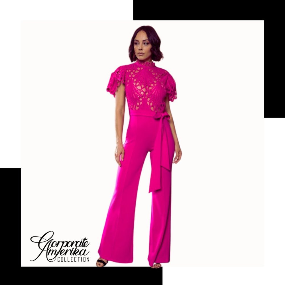Fushia Career Jumpsuit with Belted Waist Detail - Picture 3 of 3